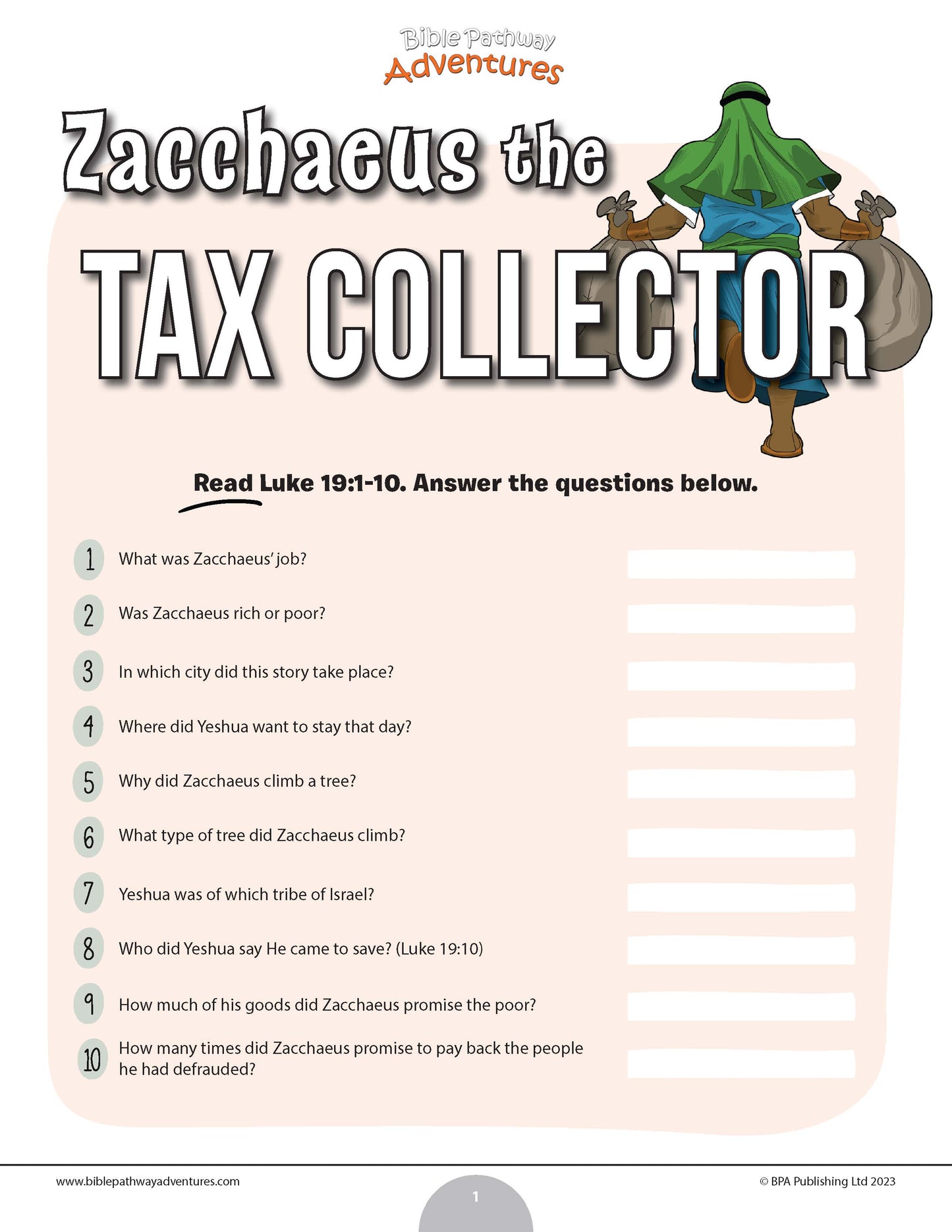 Zacchaeus the Tax Collector Bible quiz (PDF)