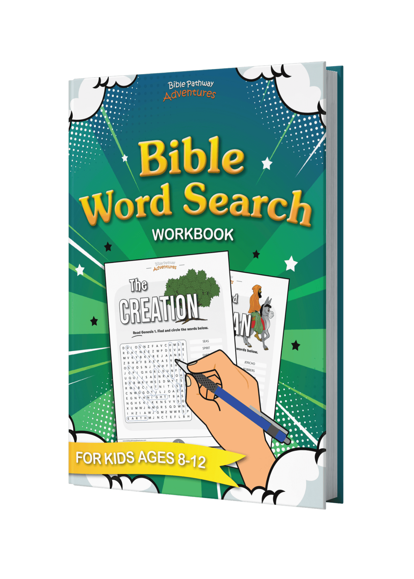 Bible Word Search Workbook for kids ages 8-12 on a black background
