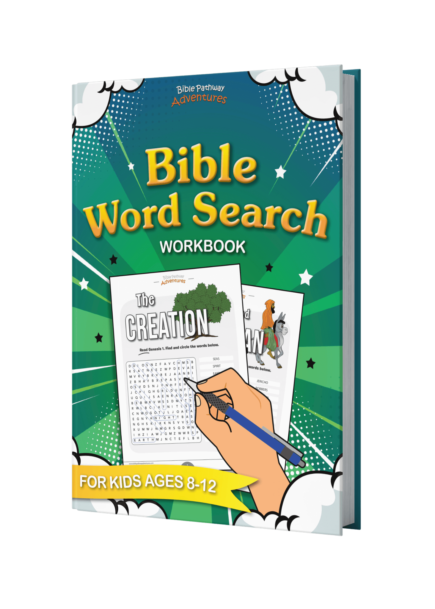 Bible Word Search Workbook for kids ages 8-12 on a black background