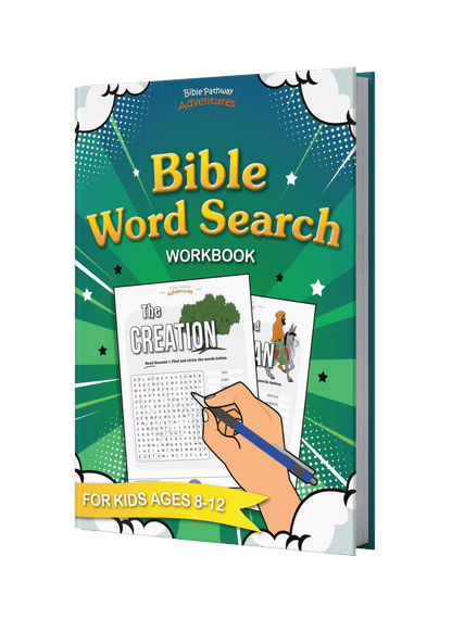 Bible Word Search Workbook for kids ages 8-12 on a black background