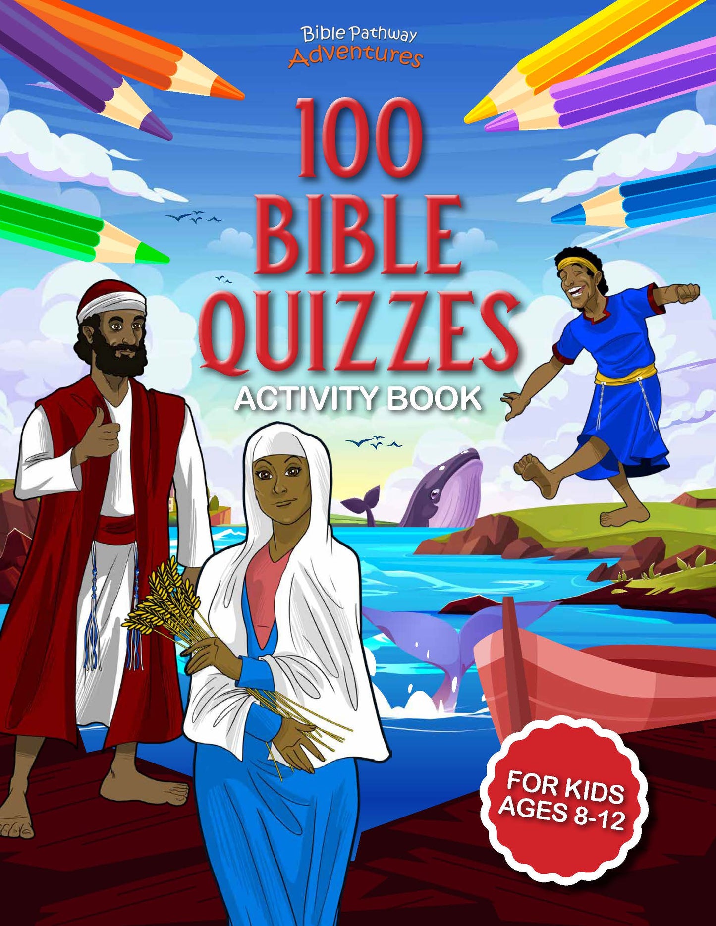 Children's activity book cover with Bible characters and colorful pencils against a blue sky.