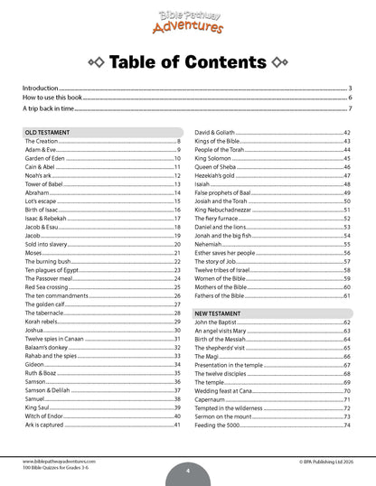 A flat, front-facing view of a printed book page titled 'Table of Contents' from 'Bible Pathway Adventures'. The page contains a structured table of contents with sections for Old Testament, New Testament, and a sidebar on the left, printed in black text on a white page.