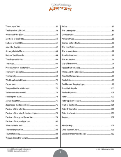 Table of contents for a book titled '100 Bible Quizzes for grades 3-6' with quiz titles listed.