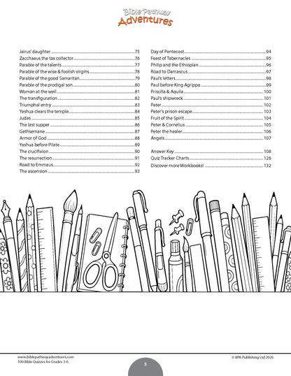 A black-and-white printable worksheet titled 'Bible Pathway Adventures' with a list of Bible verses and educational words on the left, and a row of illustrated pencils and school supplies across the bottom.
