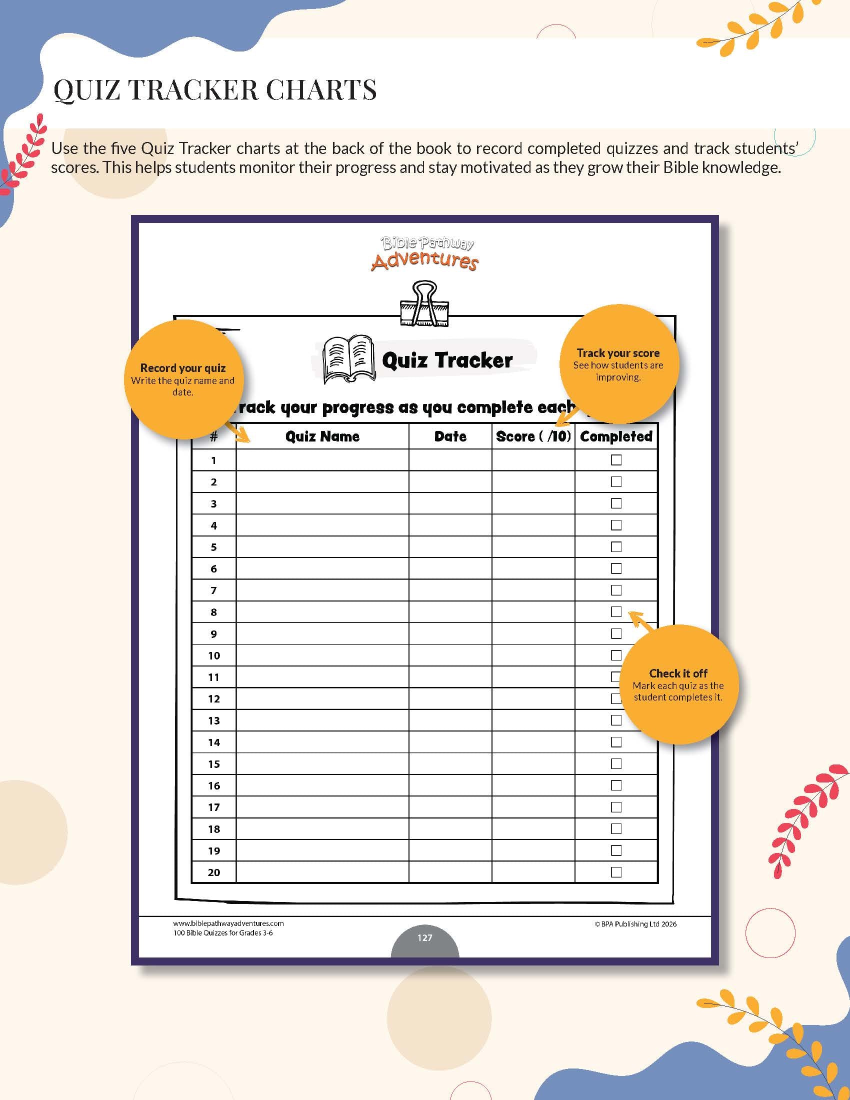 Quiz Tracker chart for educational use with colorful design elements.