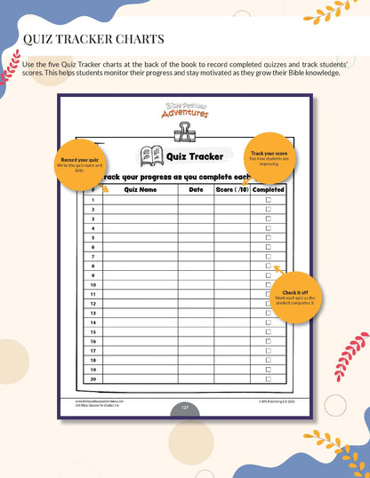 Quiz Tracker chart for educational use with colorful design elements.