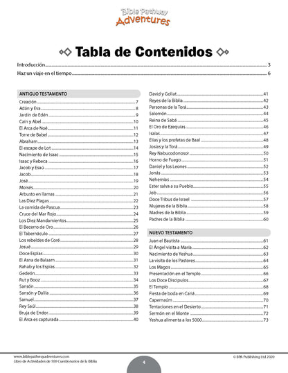 A Spanish-language table of contents page from 'Bible Pathway Adventures' showing a structured layout with sections for Antigo Testamento and Nuevo Testamento, including chapter titles and page numbers.