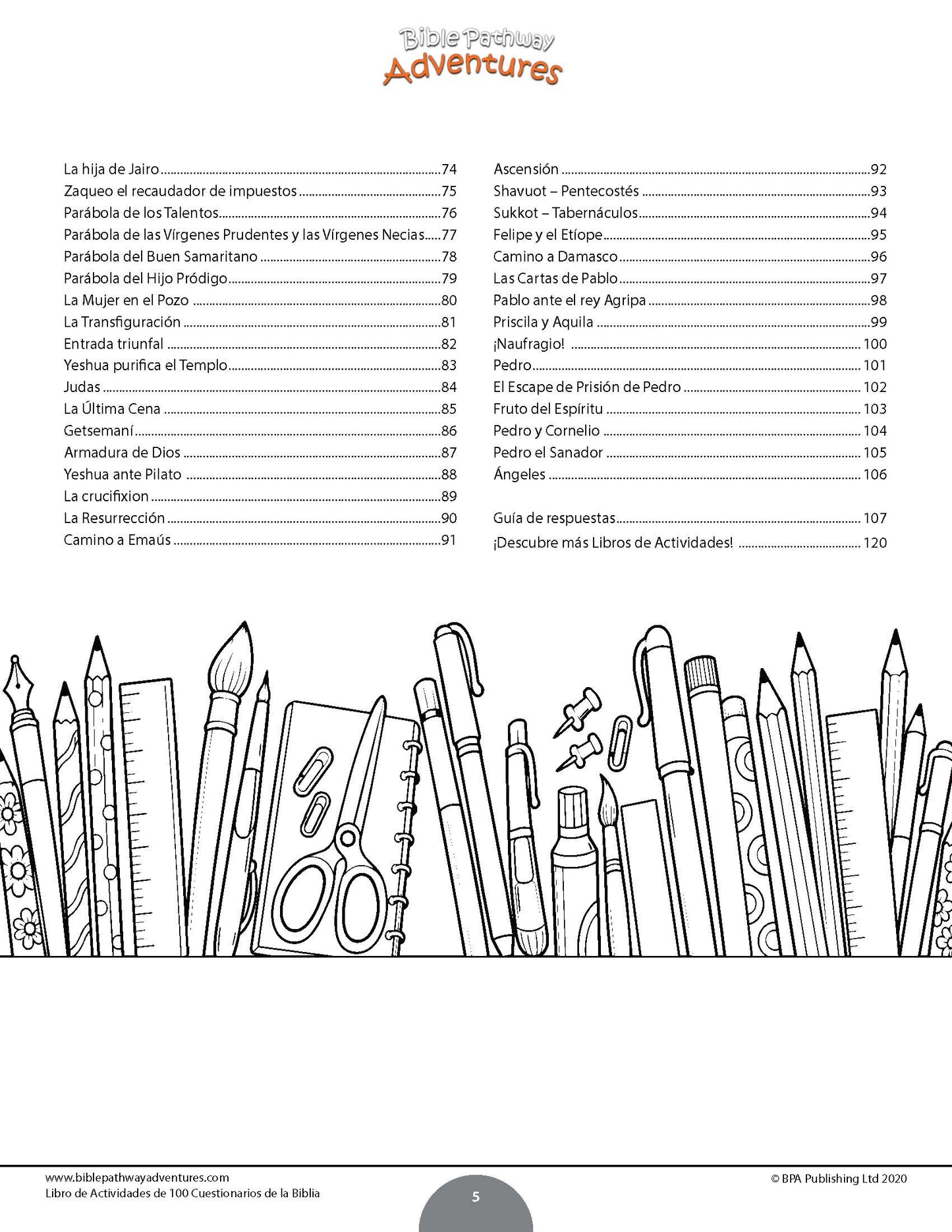 A printable children's Bible activity worksheet titled 'Biblical Adventures' with a Spanish table of contents at the top and a large black-and-white line drawing of a Bible at the bottom, plus small activity icons along the top.