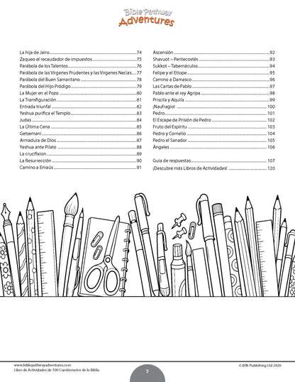 A printable children's Bible activity worksheet titled 'Biblical Adventures' with a Spanish table of contents at the top and a large black-and-white line drawing of a Bible at the bottom, plus small activity icons along the top.