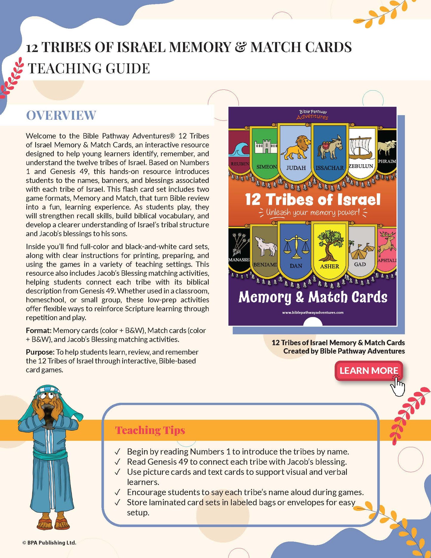 Teaching guide for '12 Tribes of Israel Memory & Match Cards' with colorful design and text.