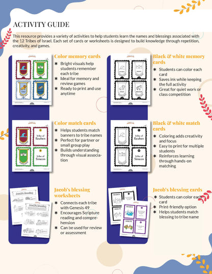 Activity guide with color memory cards, color match cards, and blessing worksheets for learning about the 12 Tribes of Israel.