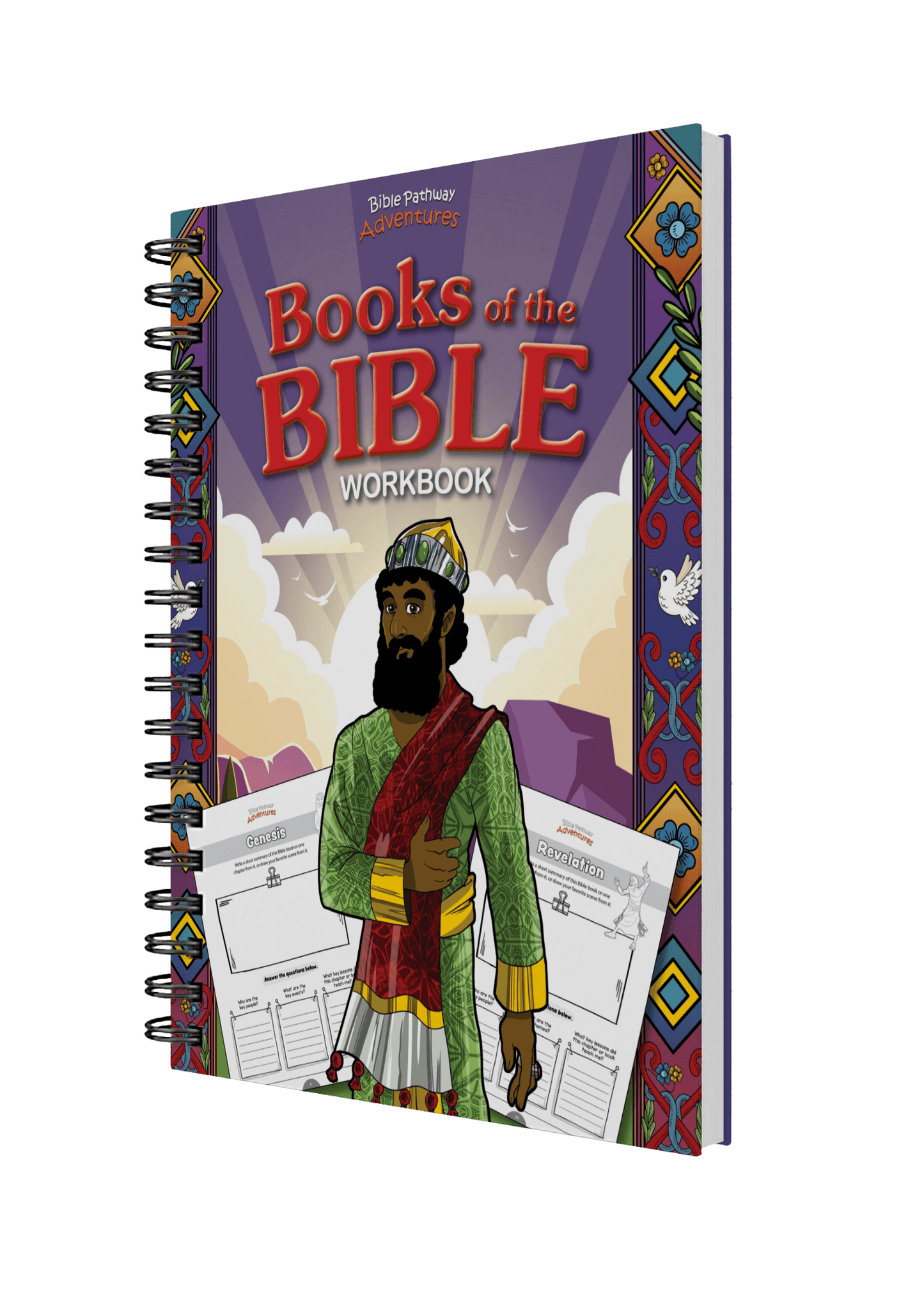 Workbook titled 'Books of the Bible' with colorful cover and character illustration on a black background