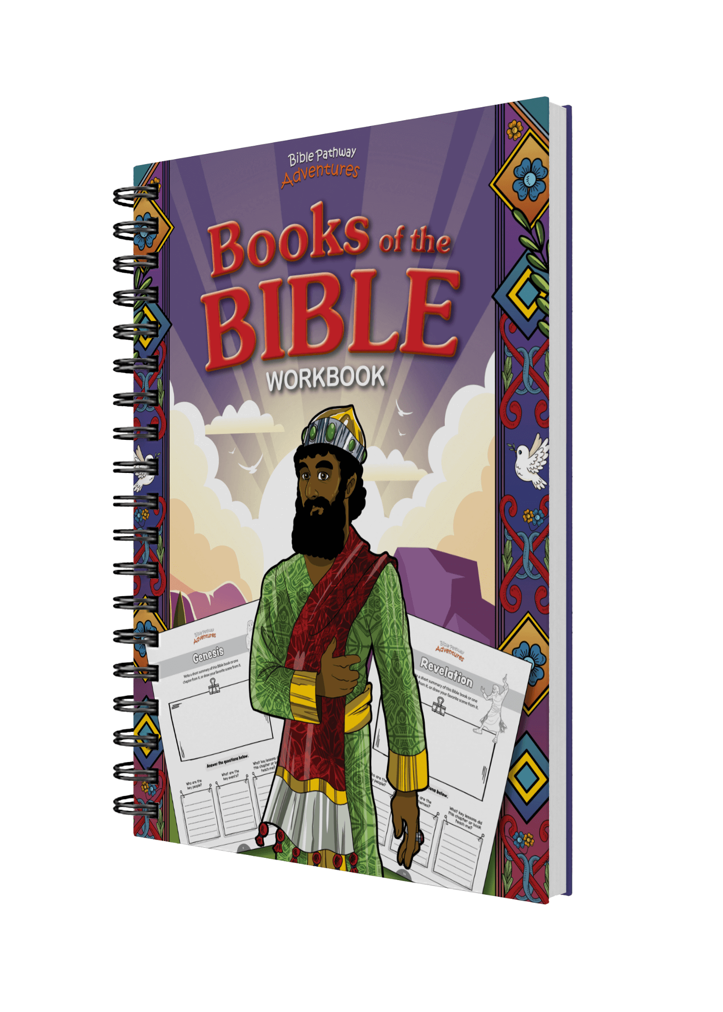 Workbook titled 'Books of the Bible' with colorful cover and character illustration on a black background