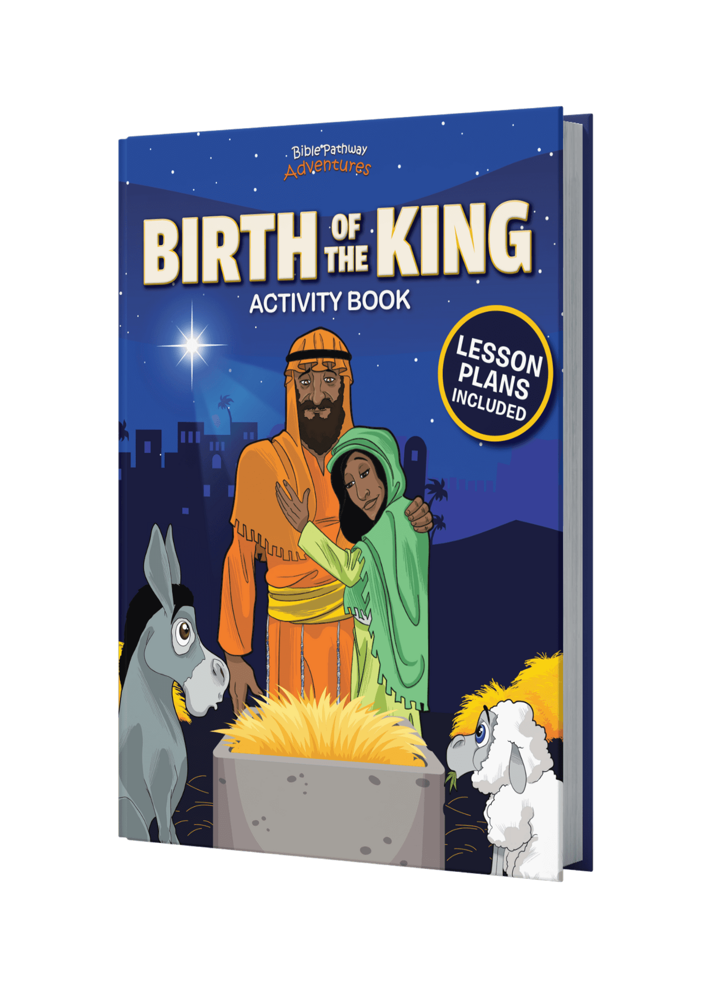 Activity book titled 'Birth of the King' with illustrations of a man and woman in a manger scene.