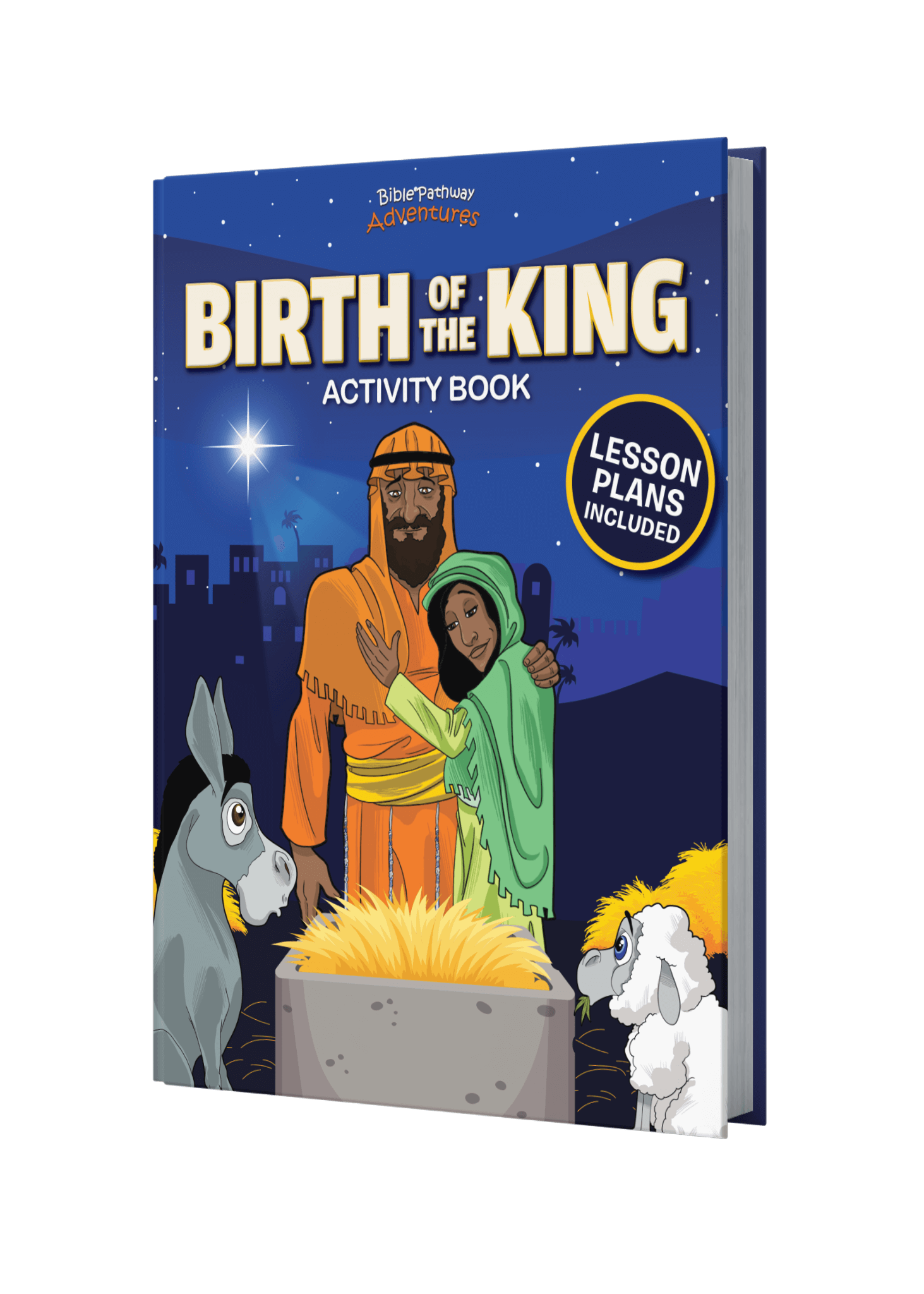 Activity book titled 'Birth of the King' with illustrations of a man and woman in a manger scene.