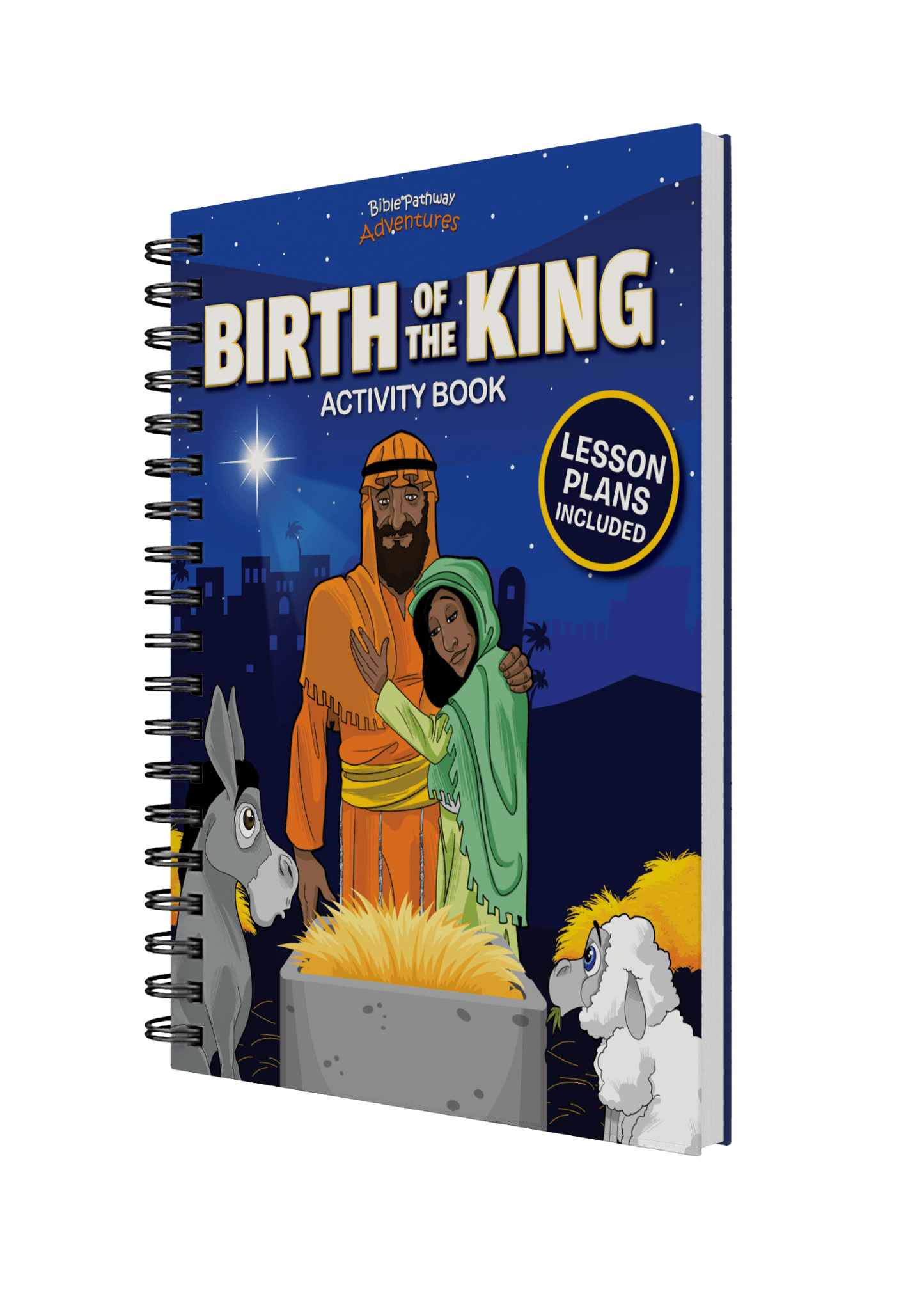 Activity book titled 'Birth of the King' with illustrations of a man, woman, donkey, and angel on a blue background.