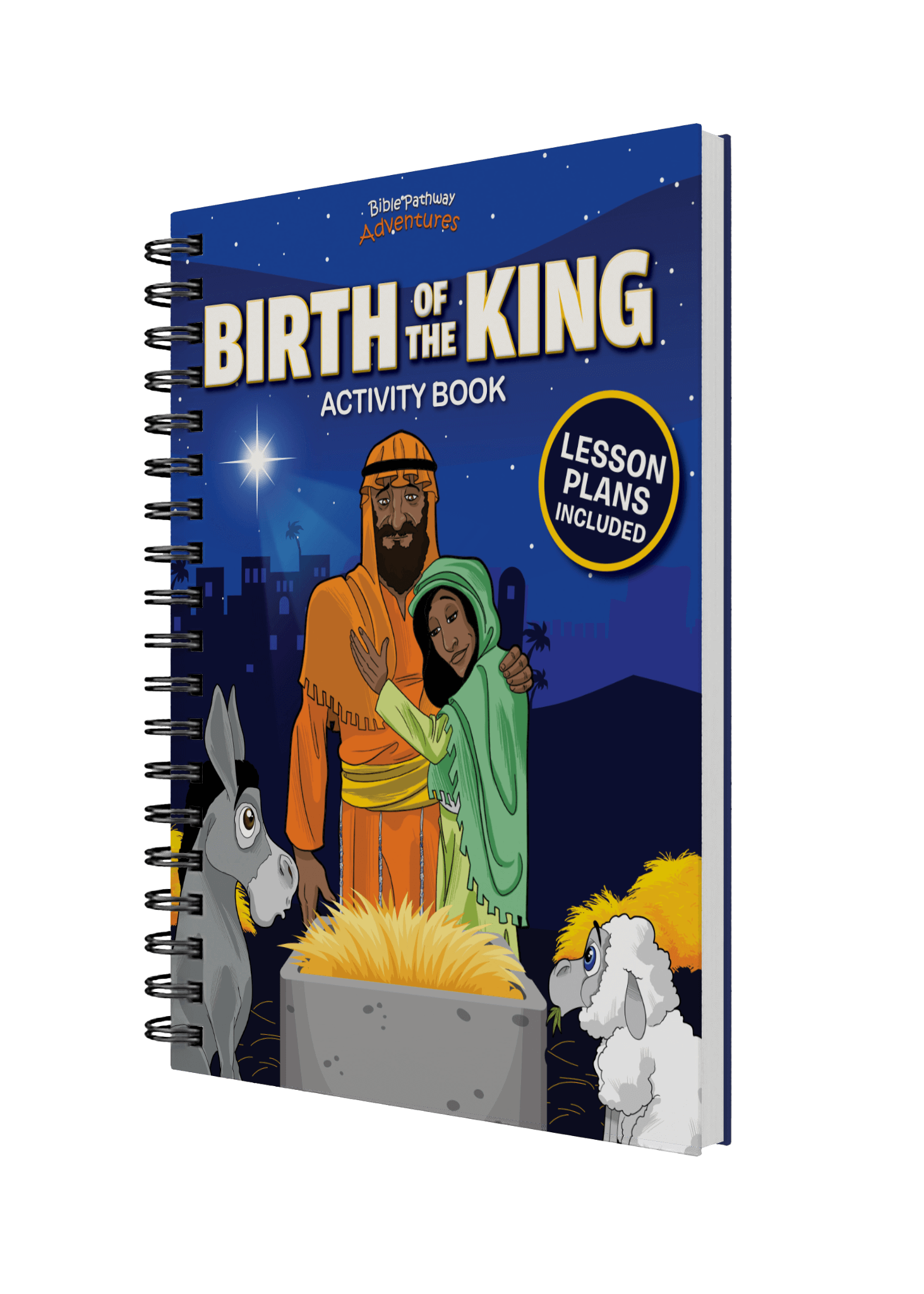 Activity book titled 'Birth of the King' with illustrations of a man, woman, donkey, and angel on a blue background.