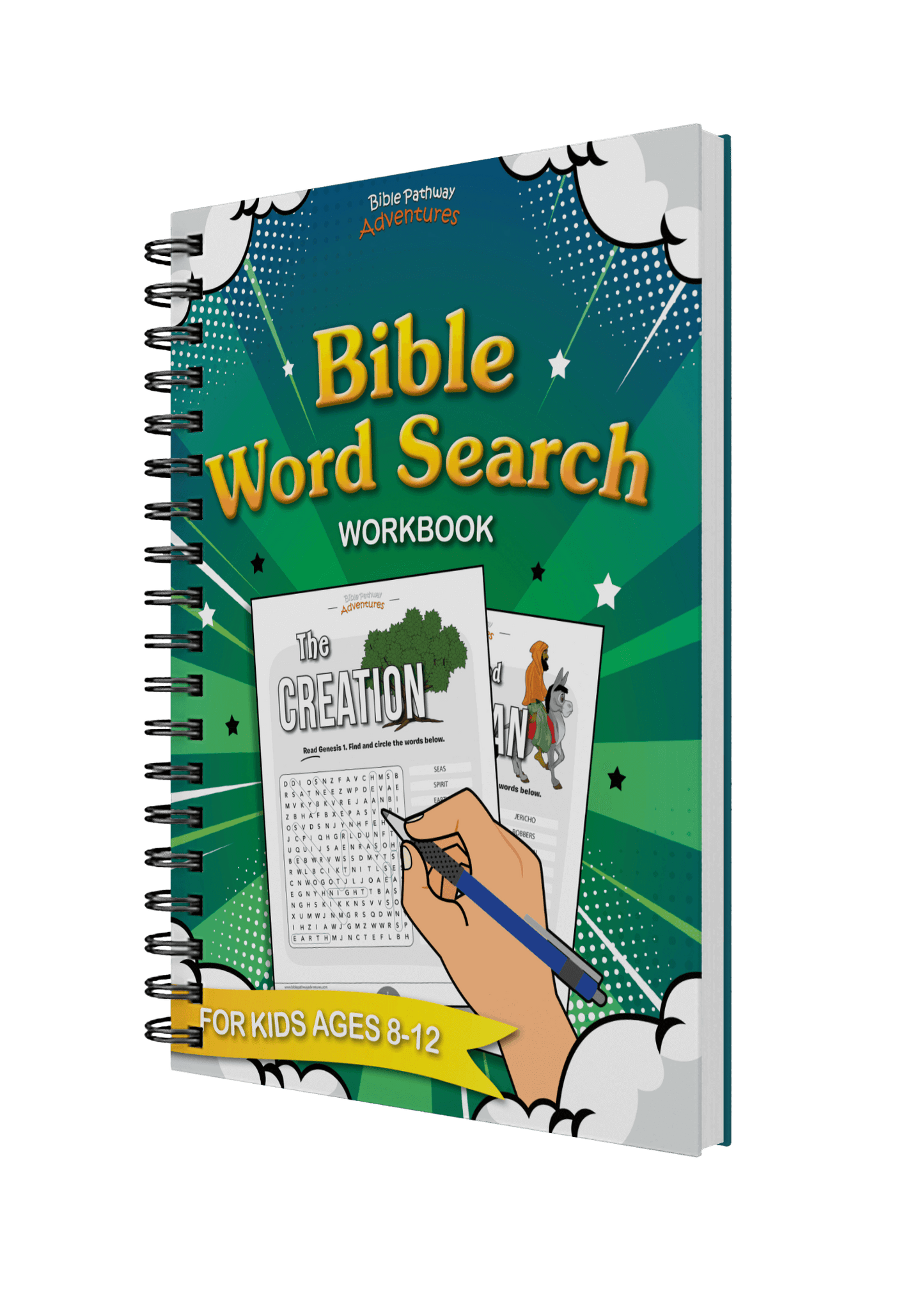Bible Word Search Workbook for kids ages 8-12 on a black background
