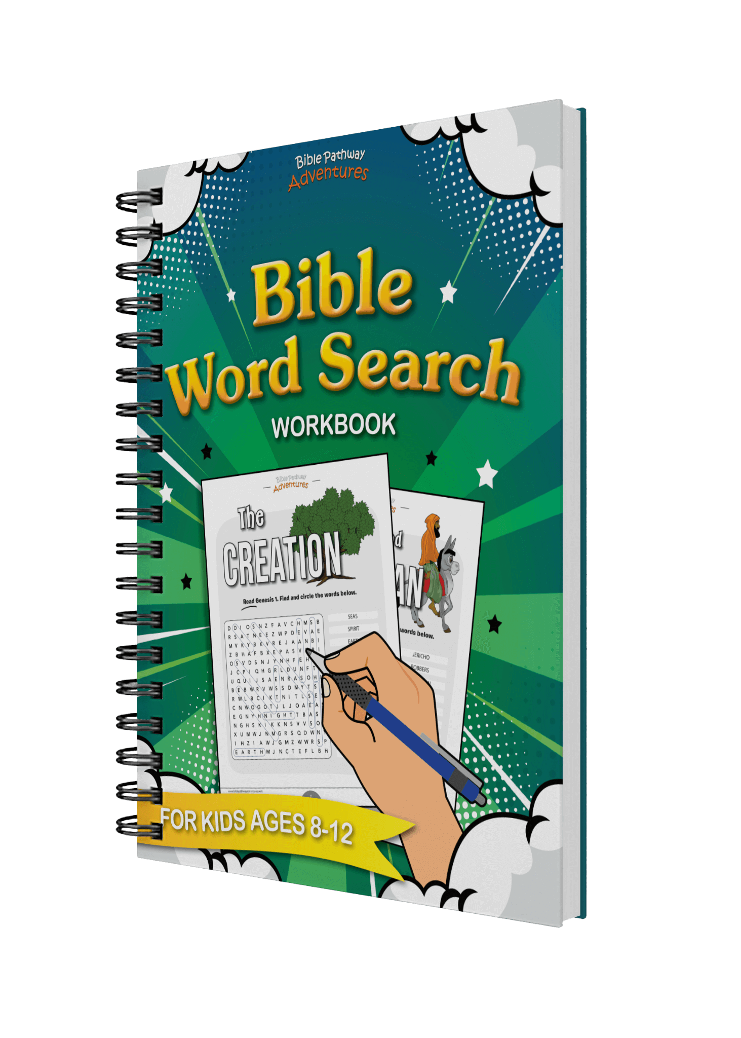 Bible Word Search Workbook for kids ages 8-12 on a black background