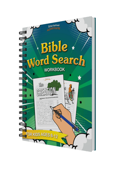 Bible Word Search Workbook for kids ages 8-12 on a black background