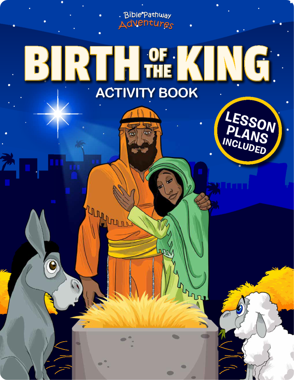 Cover of 'Birth of the King' activity book with a cartoon scene of a man and child in a manger, donkey, and sheep, set against a night sky with a bright star.