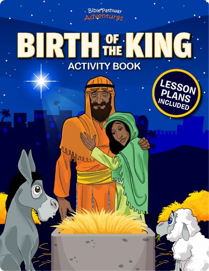 Cover of 'Birth of the King' activity book with a cartoon scene of a man and child in a manger, donkey, and sheep, set against a night sky with a bright star.