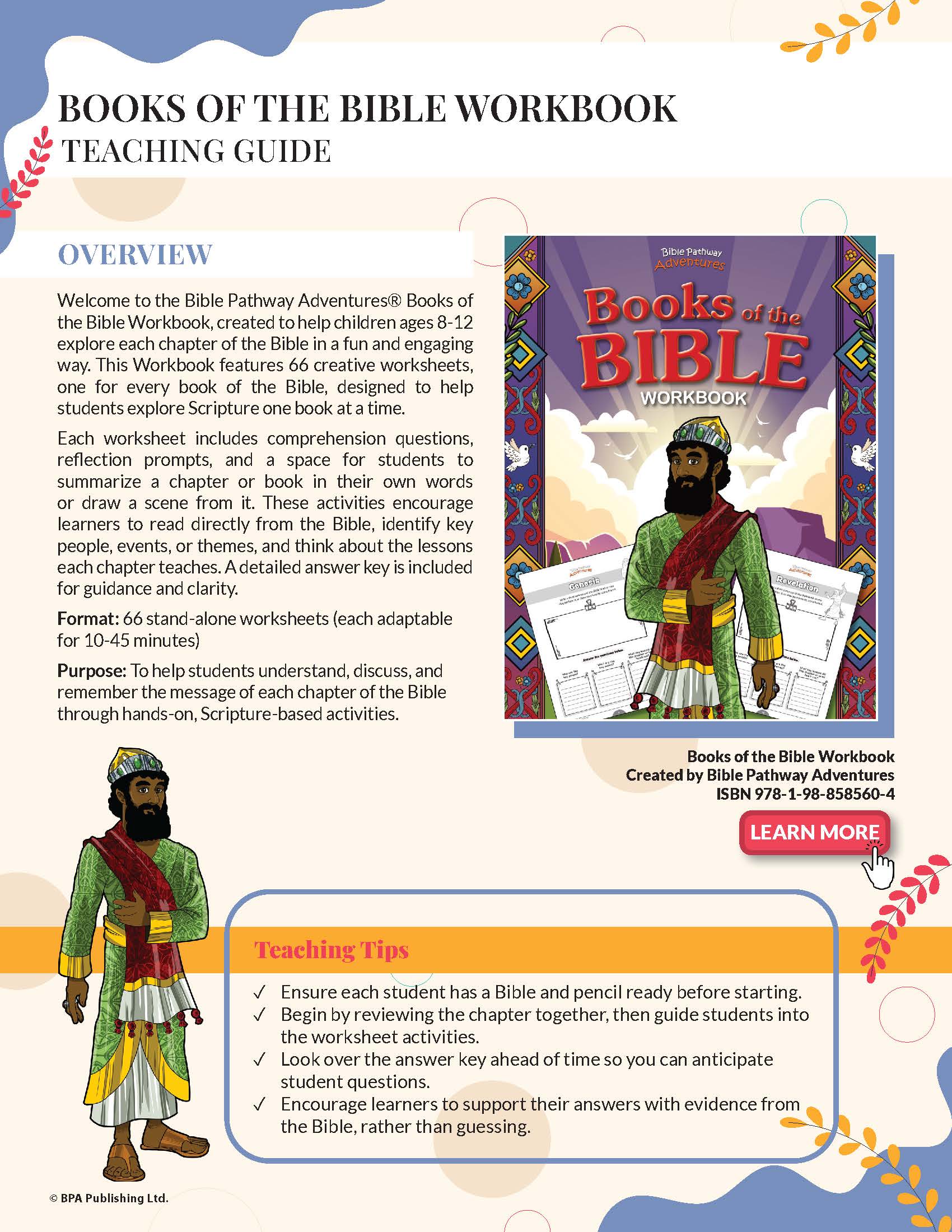 Teaching guide for 'Books of the Bible Workbook' with colorful design and text.