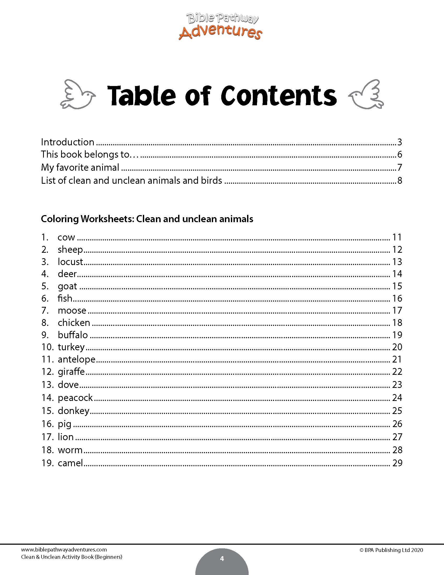 Table of contents for a Clean and Unclean Animals Activity Book for Beginners