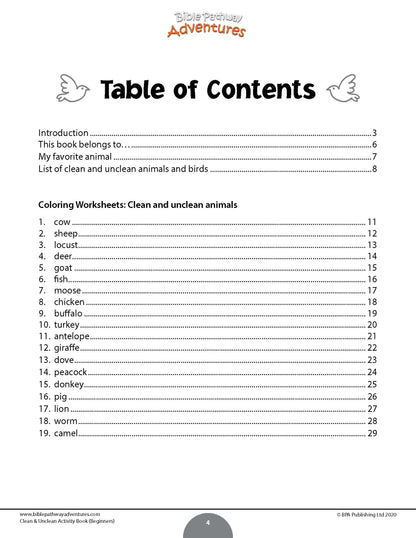 Table of contents for a Clean and Unclean Animals Activity Book for Beginners