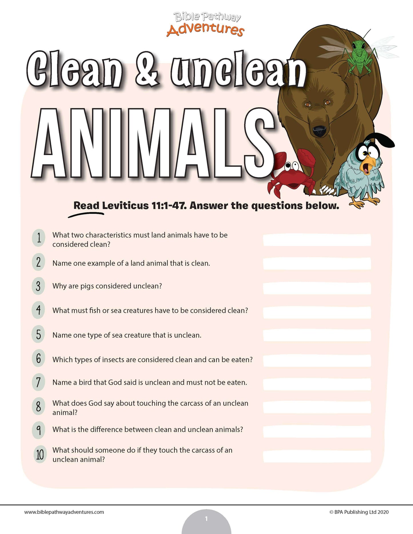 Clean and Unclean animals quiz (PDF)