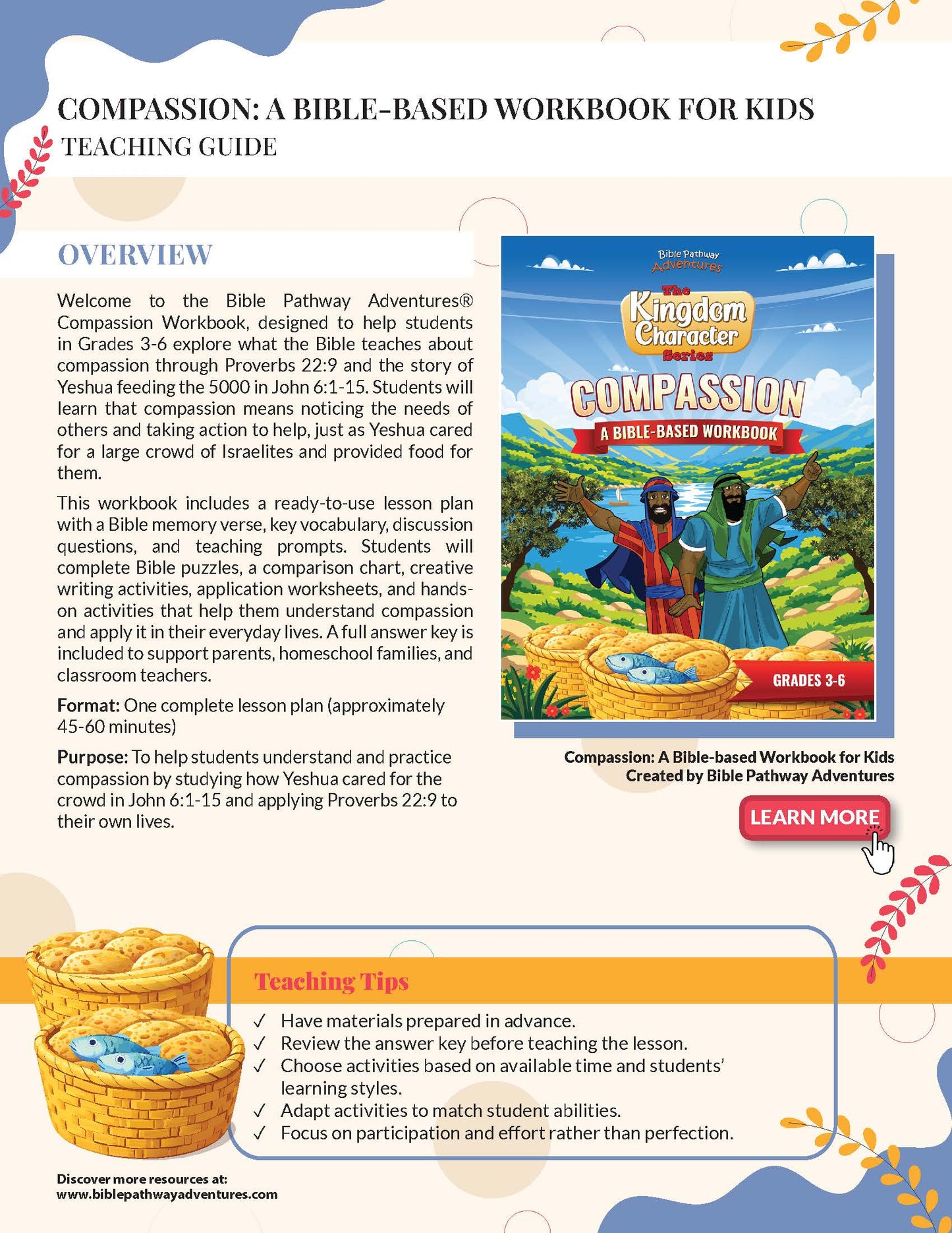 Advertisement for 'Compassion: A Bible-Based Workbook for Kids' teaching guide with product image and promotional text.