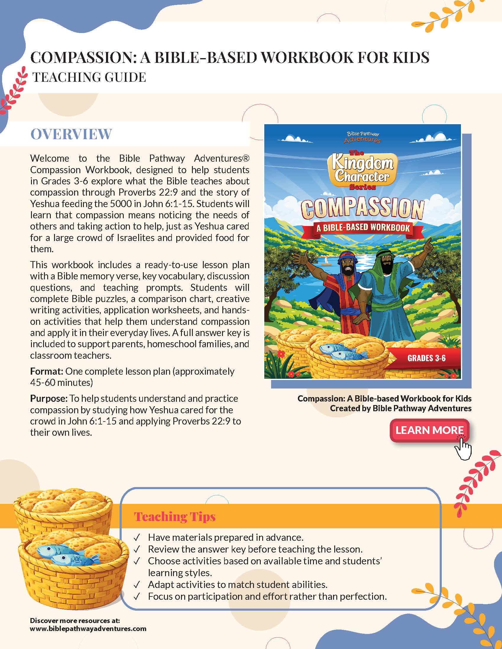 Advertisement for 'Compassion: A Bible-Based Workbook for Kids' teaching guide with product image and promotional text.