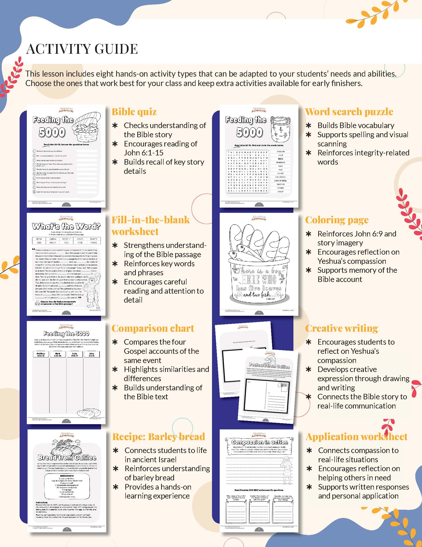 Activity guide with various Bible-related worksheets and activities on a white background.