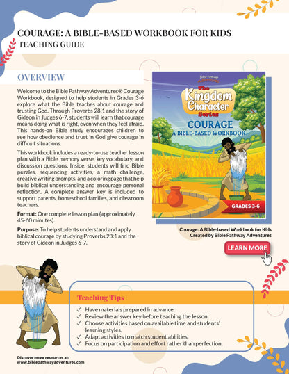 Teaching Plan for 'Courage: A Bible-Based Workbook for Kids' teaching guide with colorful design and text.