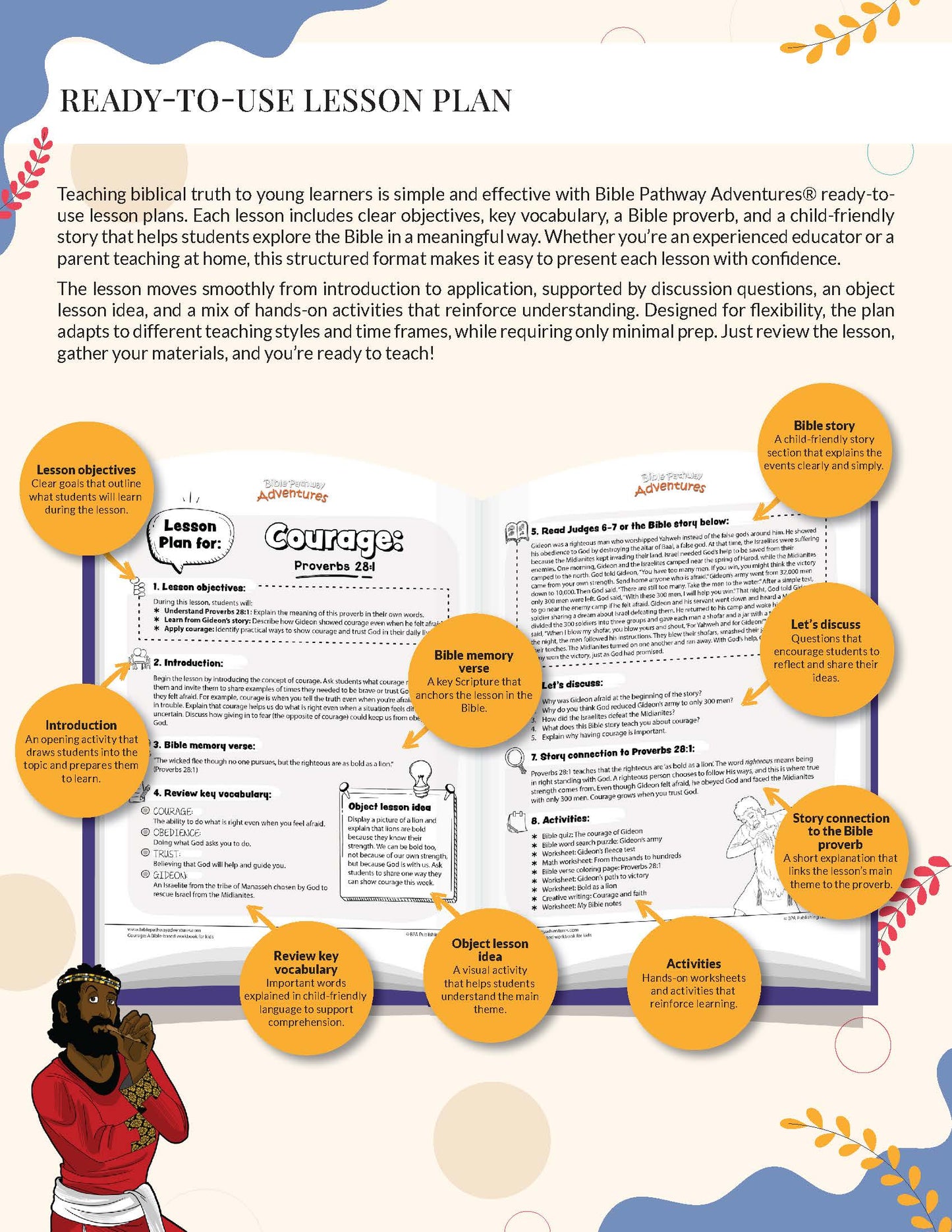 Courage Bible Lesson plan with biblical text and graphics on a colorful background