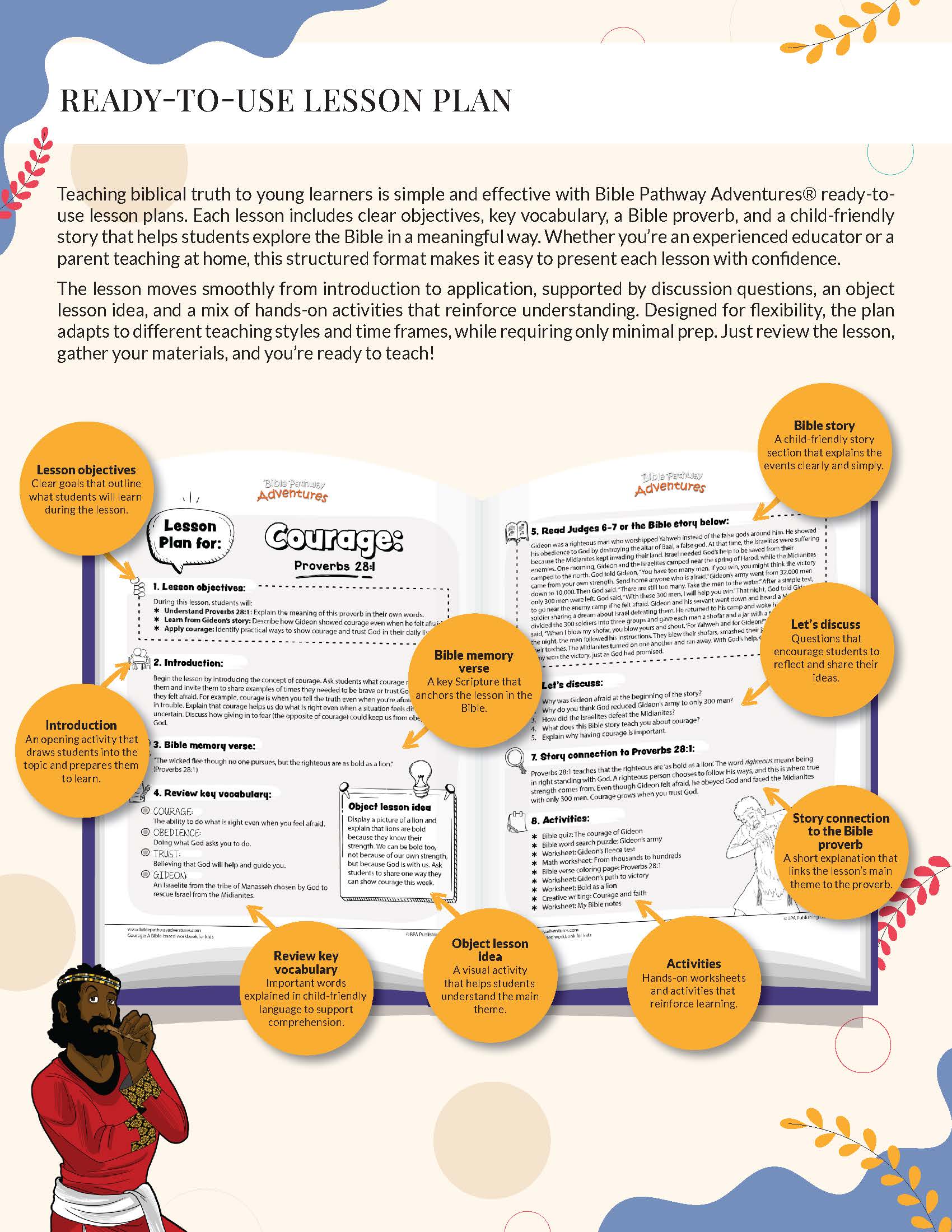 Courage Bible Lesson plan with biblical text and graphics on a colorful background