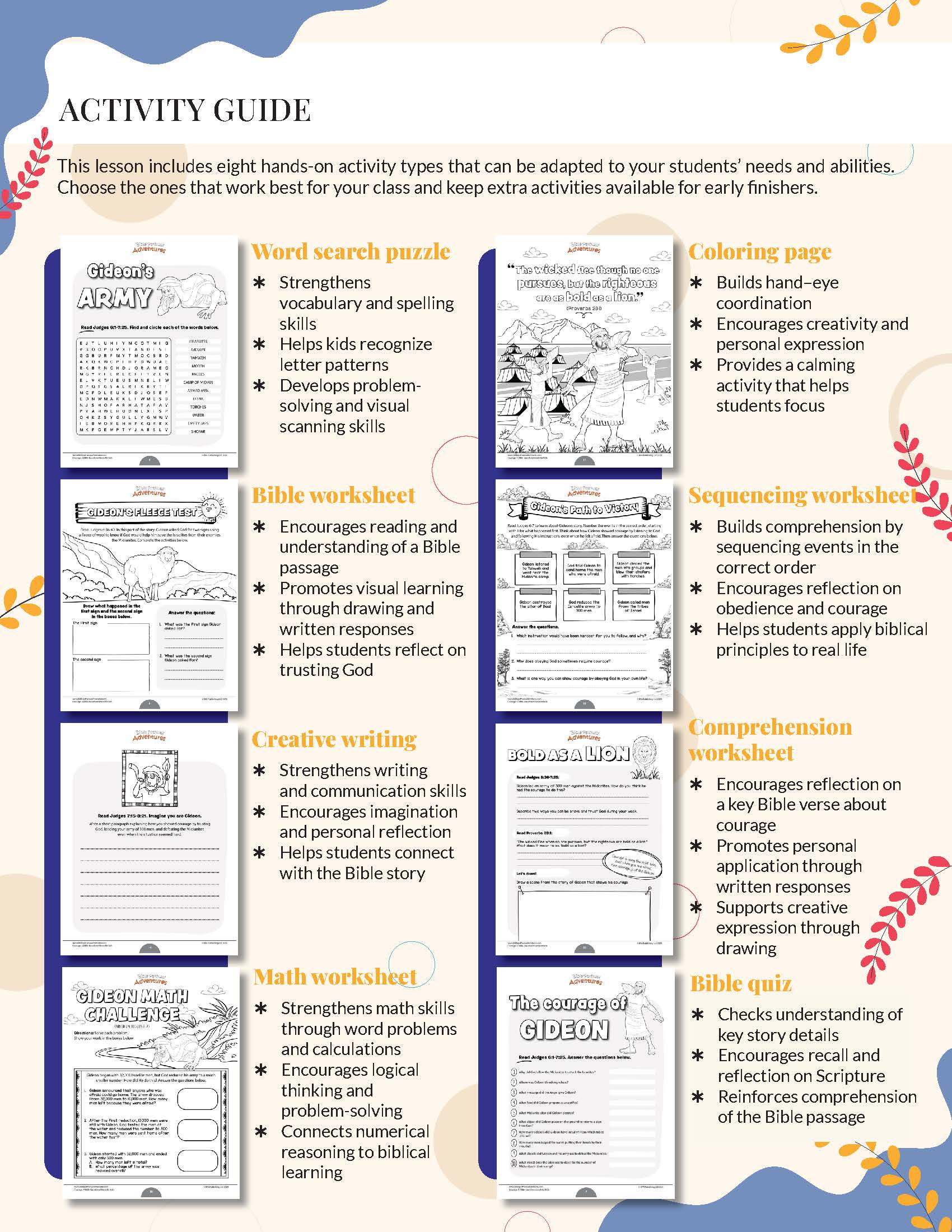 Courage: A Bible-Based Workbook for Kids Activity guide with various educational worksheets and activities on a white background.