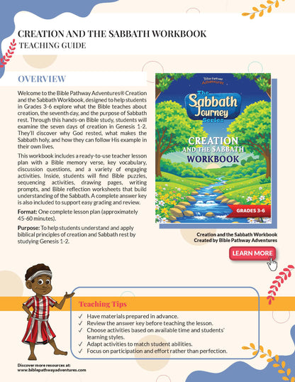 Teaching guide for 'Creation and the Sabbath Workbook' with a colorful cover illustration.