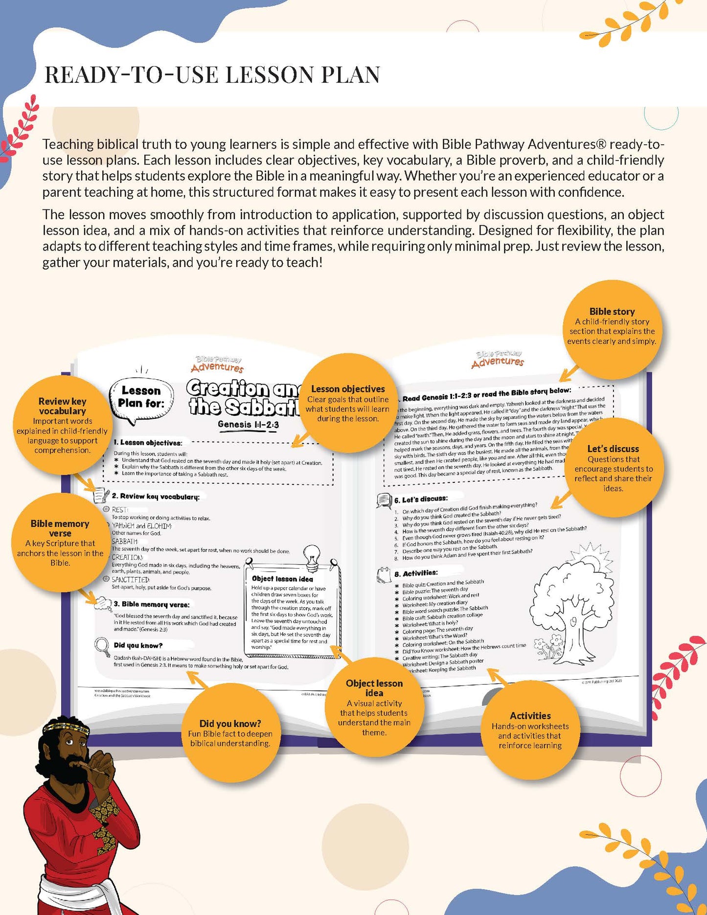 Creation and the Sabbath Lesson plan with educational elements and a character illustration on a colorful background
