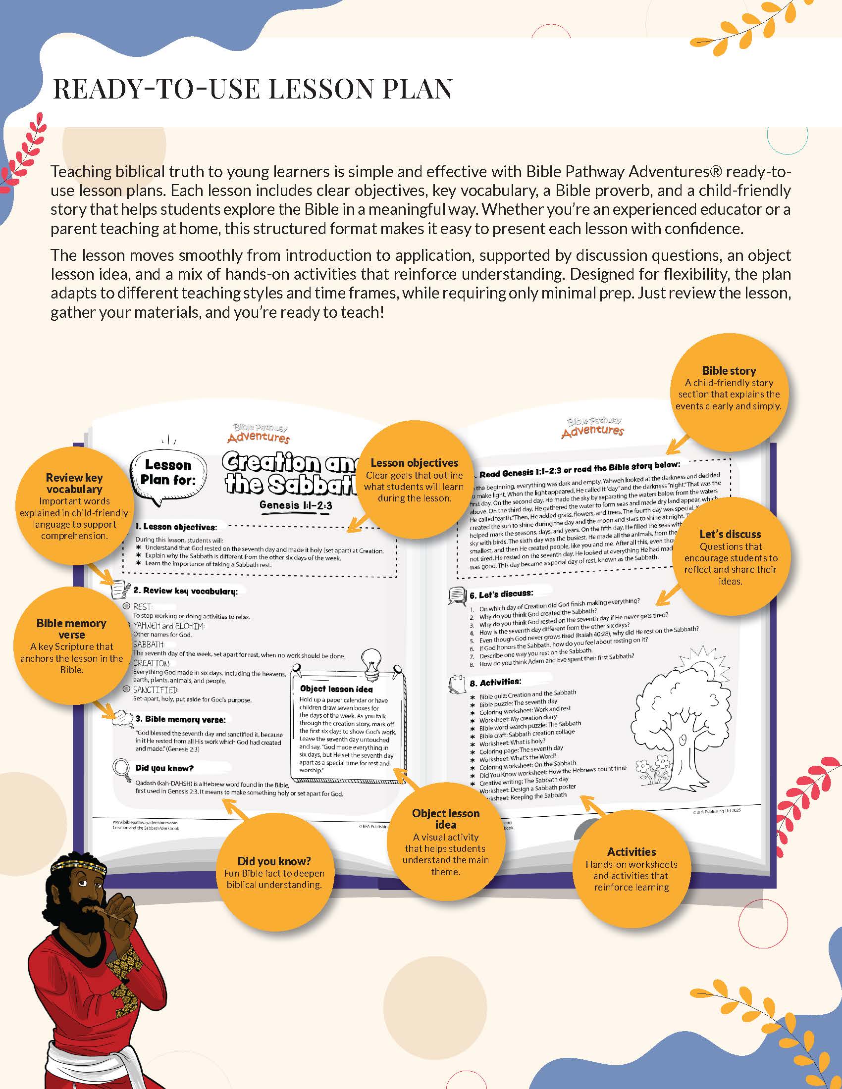 Creation and the Sabbath Lesson plan with educational elements and a character illustration on a colorful background