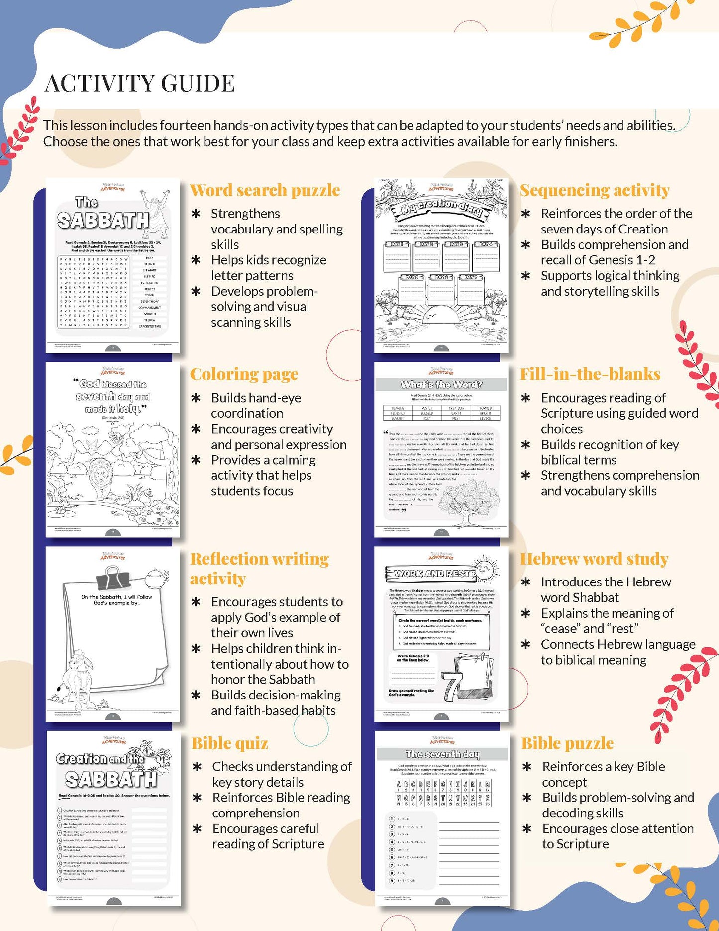 Creation and the Sabbath Activity guide with various educational activities for students, including word search, coloring, and writing exercises.