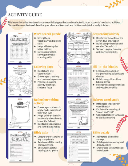 Creation and the Sabbath Activity guide with various educational activities for students, including word search, coloring, and writing exercises.