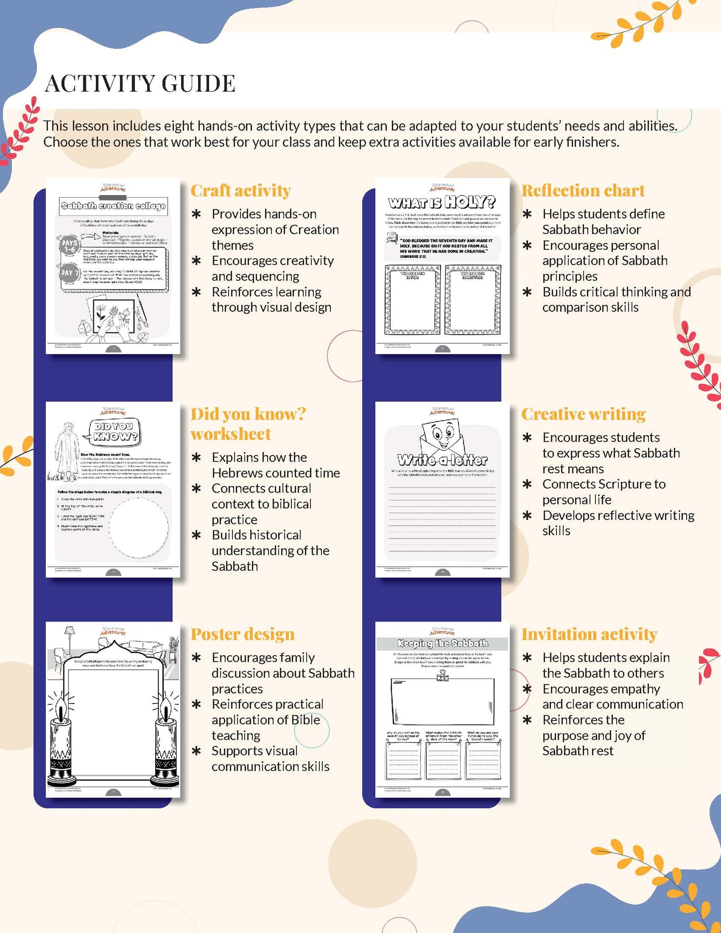 Creation and the Sabbath Activity guide with various educational activities and worksheets on a white background.