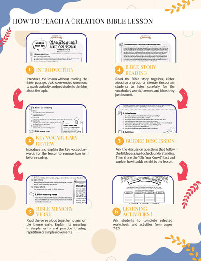 Step-by-step Creation and the Sabbath guide on how to teach a creation Bible lesson with labeled sections and arrows.