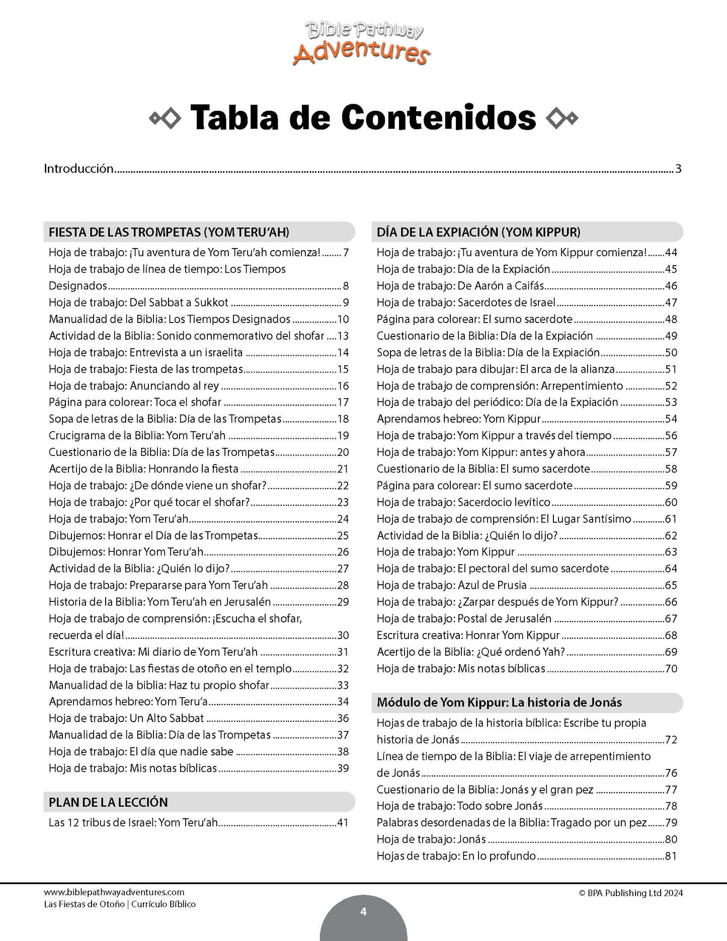 A Spanish-language printed or digital content table titled 'Tabla de Contenidos' with sections such as 'Fiesta de las Trompetas,' 'Día de la Expresión de Yom Kipur,' and 'Plan de la Lección,' shown on a white page with black text and small colored icons.