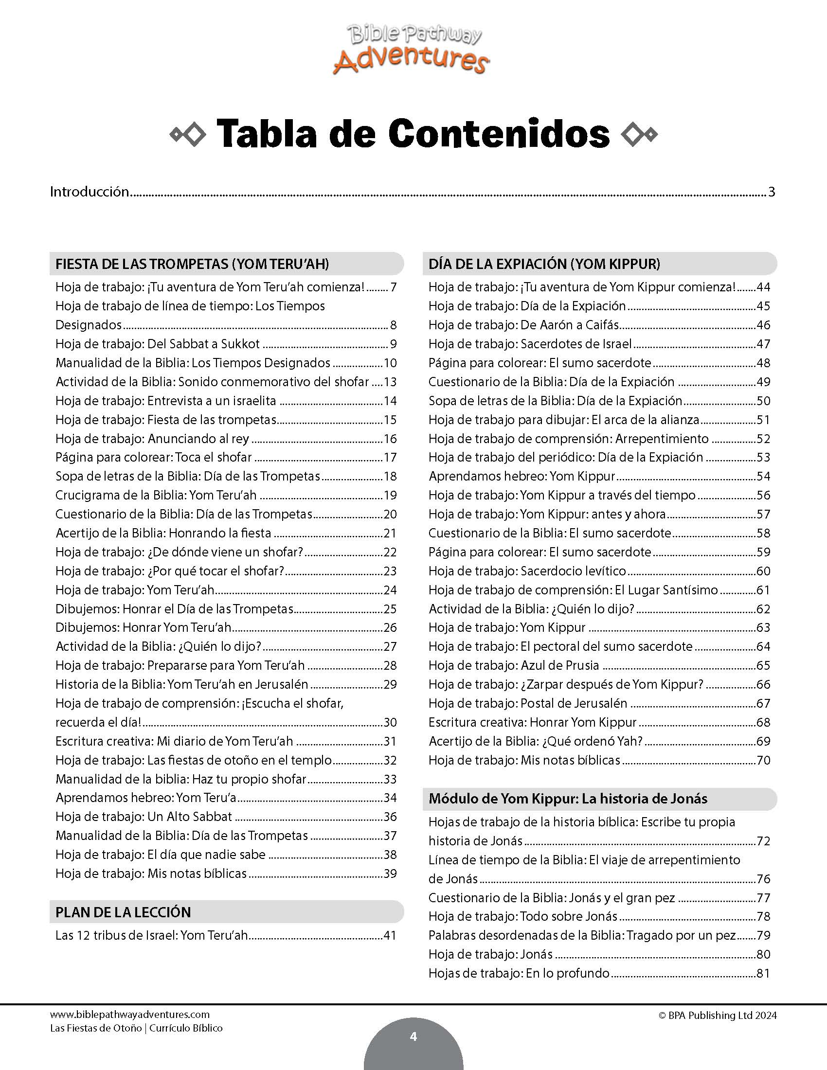 A Spanish-language printed or digital content table titled 'Tabla de Contenidos' with sections such as 'Fiesta de las Trompetas,' 'Día de la Expresión de Yom Kipur,' and 'Plan de la Lección,' shown on a white page with black text and small colored icons.