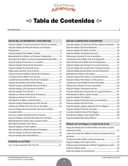 A Spanish-language printed or digital content table titled 'Tabla de Contenidos' with sections such as 'Fiesta de las Trompetas,' 'Día de la Expresión de Yom Kipur,' and 'Plan de la Lección,' shown on a white page with black text and small colored icons.