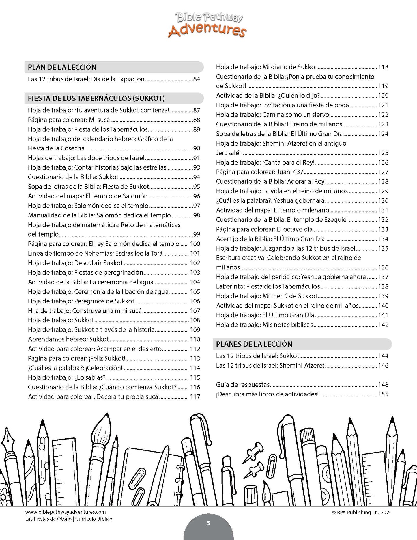 A printed Spanish-language lesson plan or booklet page titled 'Adventures' with tables of contents, page numbers