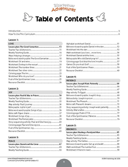  Bible curriculum titled 'Fruit of the Spirit' for grades K-2. A printed or digital table of contents page from a children's educational curriculum with lesson titles and page numbers listed in black text on a white background.