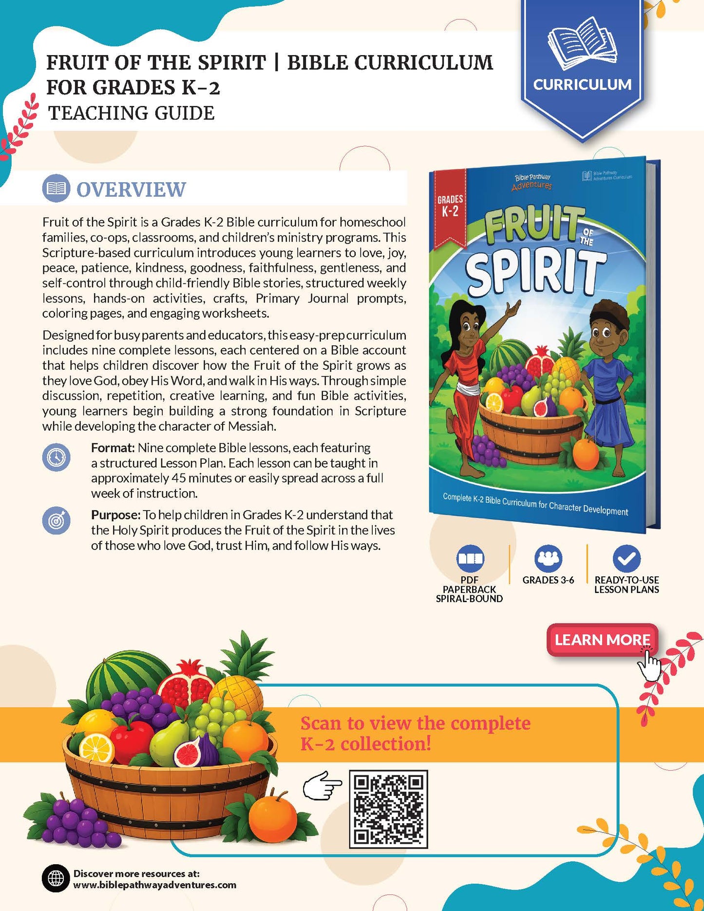 Promotional graphic for the Fruit of the Spirit | Bible Curriculum for Grades K-2 Teaching Guide, showing a colorful book cover, curriculum icons, and a scan QR code for the complete 2025 collection.